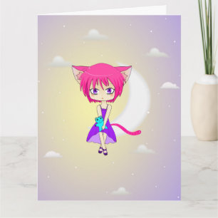 Het roze Haired Meisje van Neko Anime, Wenskaart Kaart