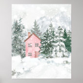 Het roze huisje in het besneeuwde bos poster (Voorkant)