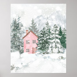 Het roze huisje in het besneeuwde bos poster