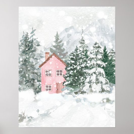 Het roze huisje in het besneeuwde bos poster (Voorkant)