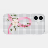 Het roze lint met klimop op een geruit motief iPhone 16 hoesje (Achterkant horizontaal)