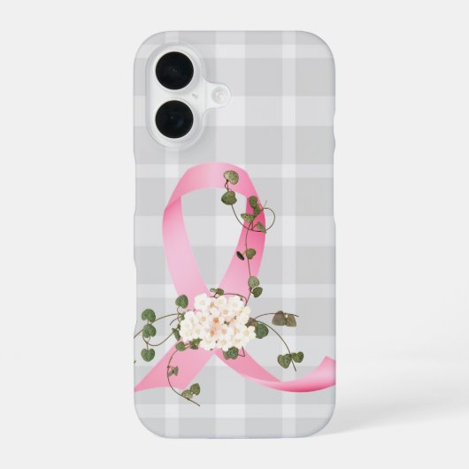 Het roze lint met klimop op een geruit motief iPhone 16 hoesje (Achterkant)
