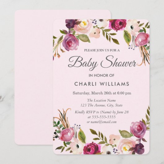 Het roze Paarse strand Floral Girl Baby shower nod Kaart (Voorkant / Achterkant)