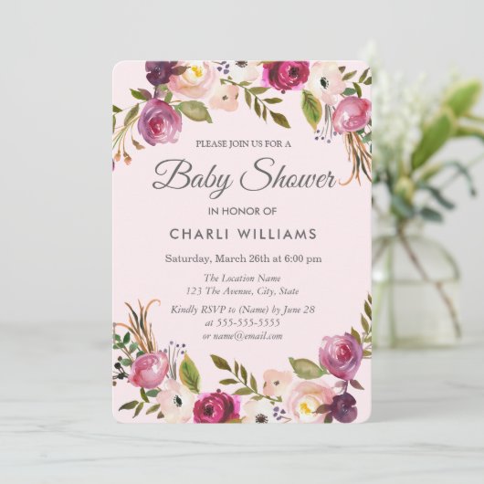 Het roze Paarse strand Floral Girl Baby shower nod Kaart (Staand voorkant)