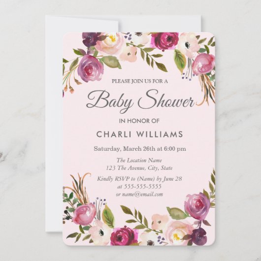 Het roze Paarse strand Floral Girl Baby shower nod Kaart (Voorkant)
