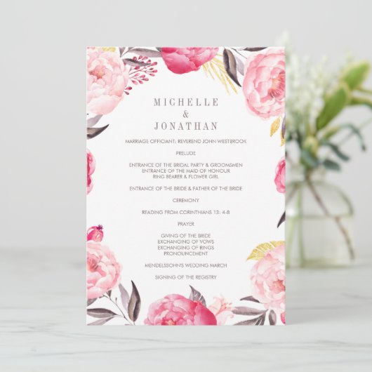Het roze Waterverf Flower Wreated Wedding Programm Programmakaart (Staand voorkant)