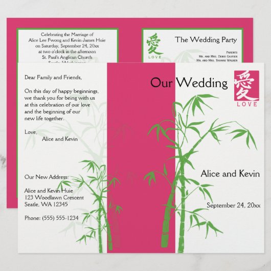 Het roze, Witte en Groene BamboeWedding Programma (Voorkant / Achterkant)
