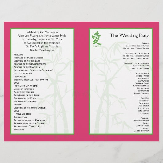 Het roze, Witte en Groene BamboeWedding Programma (Achterkant)