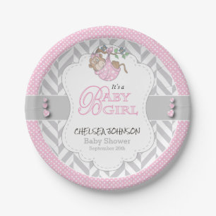Het roze, Witte Grijze Baby shower van de Aap Papieren Bordje