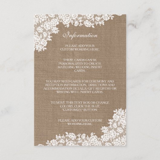 Het Rustic Burlap en het witte Collectie Informatiekaartje (Voorkant)