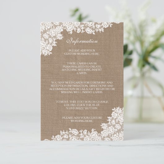 Het Rustic Burlap en het  witte Collectie Informatiekaartje (Staand voorkant)