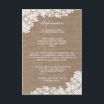 Het Rustic Burlap en het  witte Collectie Informatiekaartje<br><div class="desc">De rustieke jute & wit kant bruiloft collectie is een prachtig ontwerp met een mooie rustieke jute effect achtergrond met een romantische witte kant effect trim. Deze detailkaarten kunnen voor uw speciale gelegenheid worden gepersonaliseerd en zouden de perfecte passende tussenvoegselkaart voor om het even welke rustieke huwelijkssuite, vrijgezellenfeest, verlovingspartij, verjaardagspartij...</div>