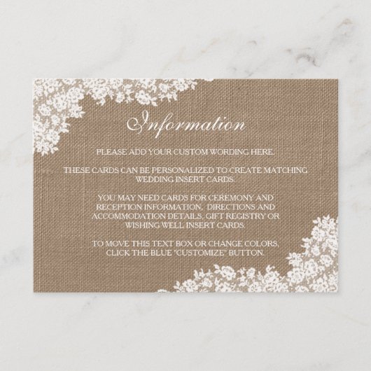 Het Rustic Burlap en het  witte Collectie Informatiekaartje (Voorkant)