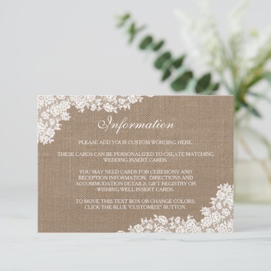 Het Rustic Burlap en het witte Collectie Informatiekaartje (Staand voorkant)