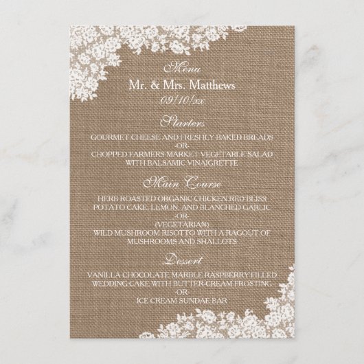 Het Rustic Burlap en het  witte Collectie Menu (Voorkant)