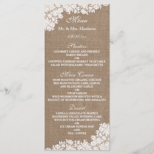 Het Rustic Burlap en het  witte Collectie Menu (Voorkant)