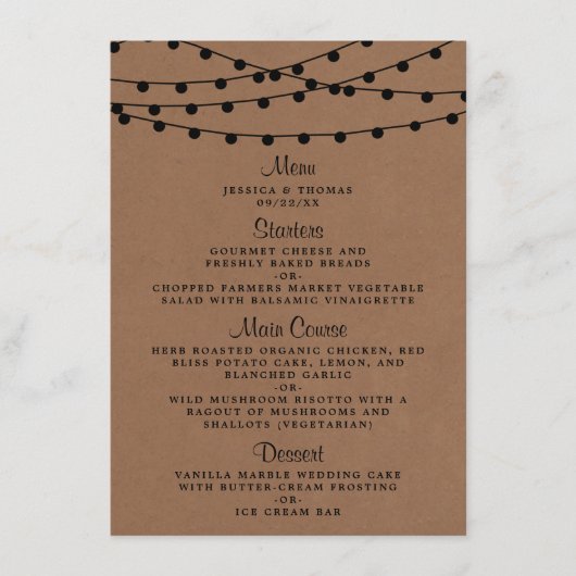 Het Rustic Kraft String Lights Wedding Collectie Menu (Voorkant)