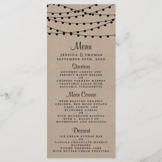 Het Rustic Kraft String Lights Wedding Collectie Menu (Voorkant)