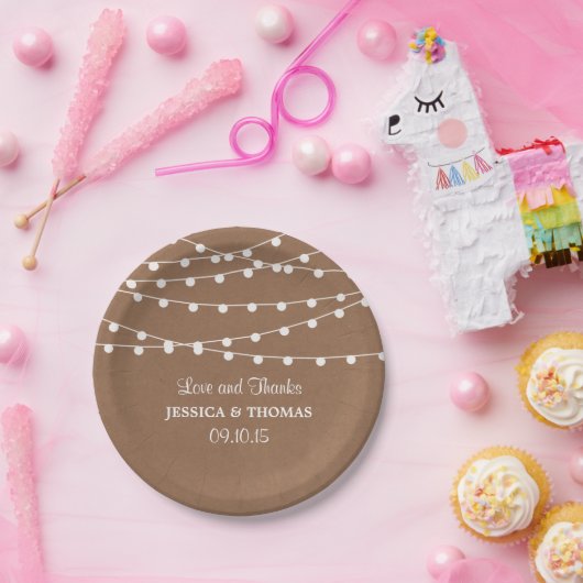 Het Rustic Kraft String Lights Wedding Collectie Papieren Bordje (Feest)