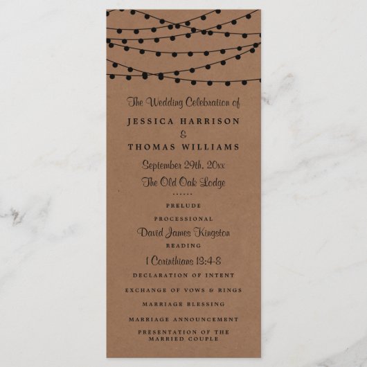 Het Rustic Kraft String Lights Wedding Collectie Programmakaart (Voorkant)