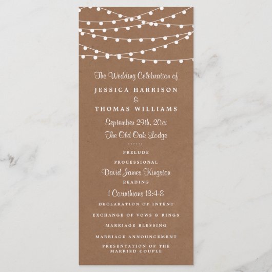 Het Rustic Kraft String Lights Wedding Collectie Programmakaart (Voorkant)