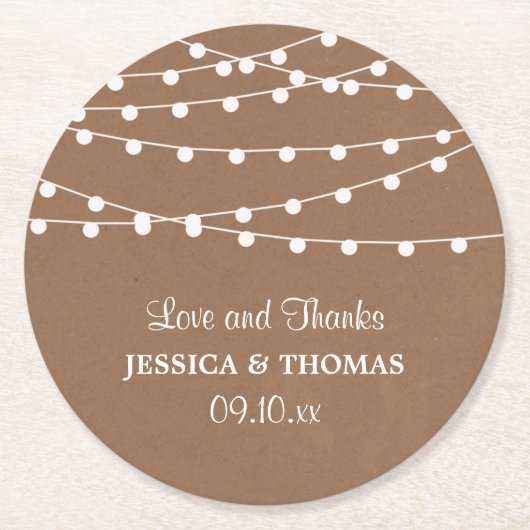 Het Rustic Kraft String Lights Wedding Collectie Ronde Kartonnen Onderzetter (Voorkant)