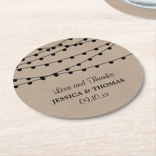 Het Rustic Kraft String Lights Wedding Collectie Ronde Kartonnen Onderzetter (Gebogen)