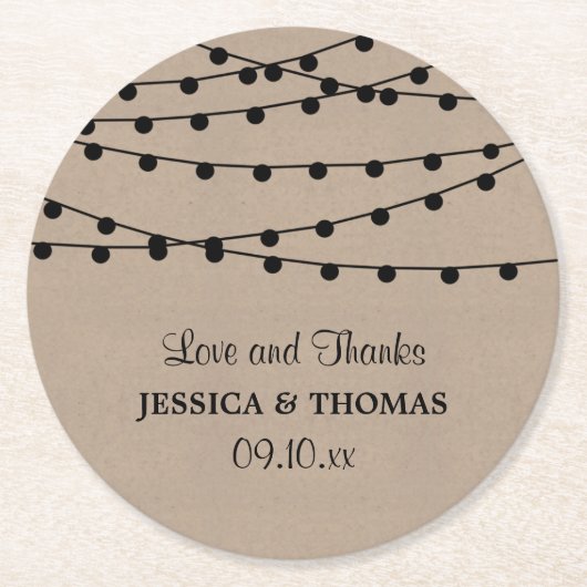 Het Rustic Kraft String Lights Wedding Collectie Ronde Kartonnen Onderzetter (Voorkant)