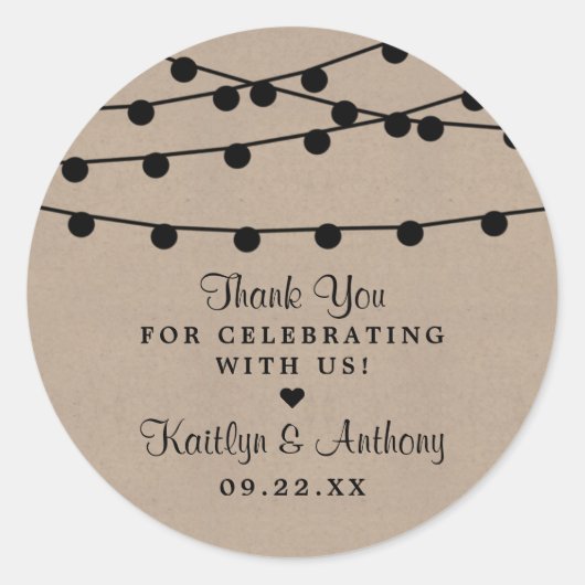Het Rustic Kraft String Lights Wedding Collectie Ronde Sticker (Voorkant)