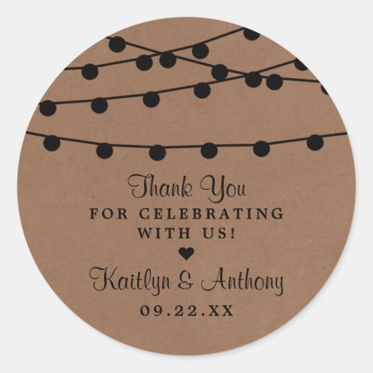 Het Rustic Kraft String Lights Wedding Collectie Ronde Sticker (Voorkant)
