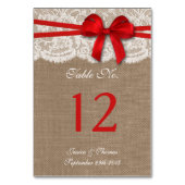Het Rustic Red Bow Wedding Collectie Table Number Kaart (Voorkant)