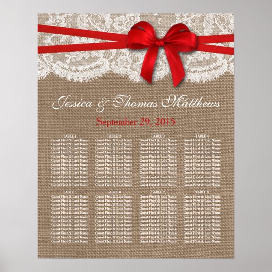 Het Rustic Red Bow Wedding Collectie Zetel Plan Poster (Voorkant)