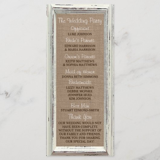Het Rustic White Lijst & Burlap Wedding Collectie Programmakaart (Achterkant)