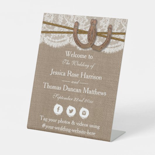 Het rustieke Hoefijzer bruiloft Collectie Welkom Reclamebord Met Voetstuk (Voorkant)