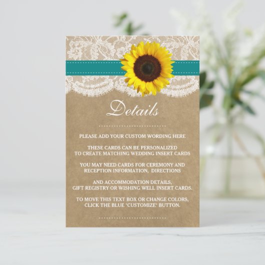 Het rustieke Kraft Zonnebloem Bruiloft Collectie Informatiekaartje (Staand voorkant)