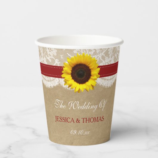 Het rustieke Kraft Zonnebloem Bruiloft Collectie Papieren Bekers (Achterkant)