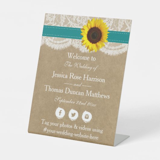 Het rustieke Kraft Zonnebloem Bruiloft Collectie Reclamebord Met Voetstuk (Voorkant)