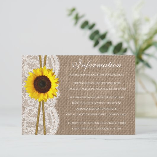 Het rustieke Zonnebloem Bruiloft Collectie Detail Informatiekaartje (Staand voorkant)