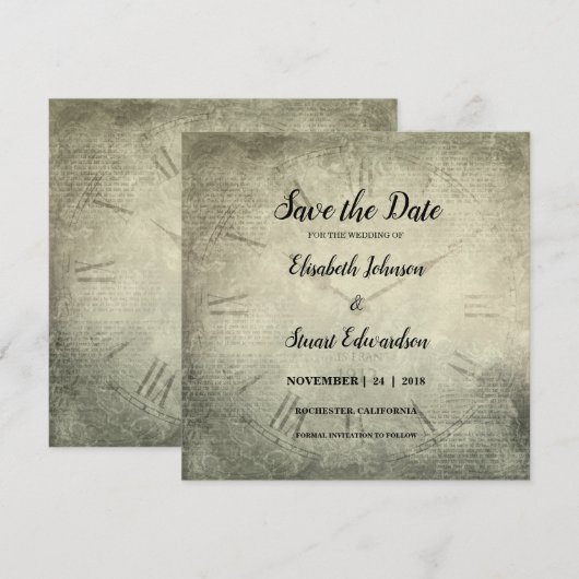 Het  rustige klokmanuscript Weddenschap sparen de  Save The Date (Voorkant / Achterkant)
