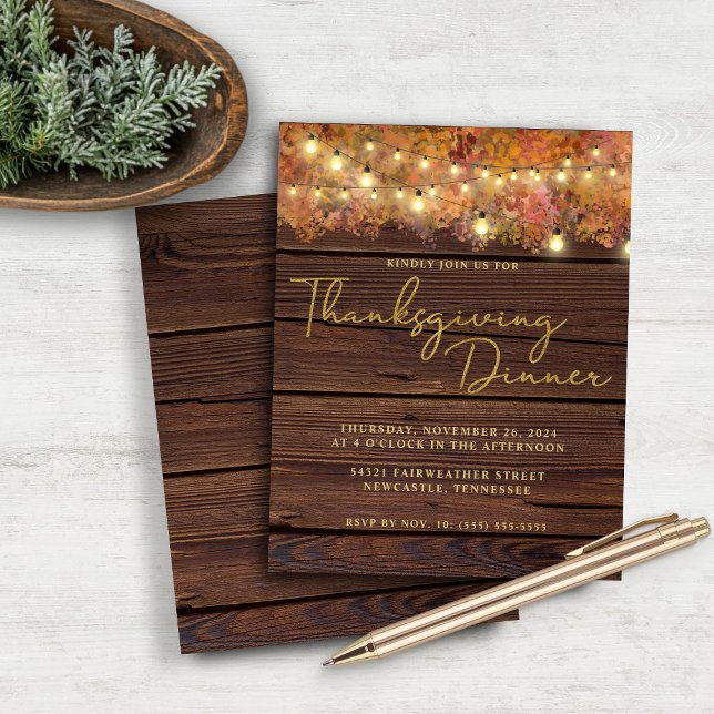 Het Rustige Thanksgiving van de begroting het Hout (Budget Rustic Thanksgiving String Lights Wood Dinner Invitation)