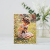 Het Schattige meisje in roze en haar kitten Briefkaart (Staand voorkant)