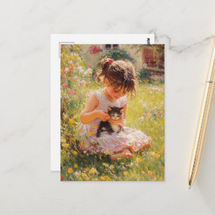 Het Schattige meisje in roze en haar kitten Briefkaart