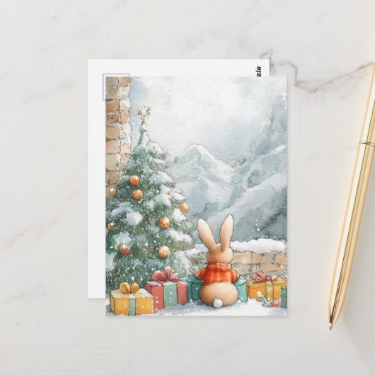 Het Schattigee kleine kerstkonijntje kijkt naar de Briefkaart (Voorkant / Achterkant in situ)
