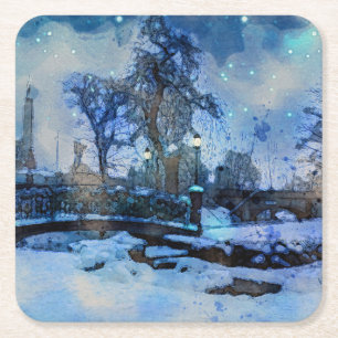 Het schilderen van de winternacht in het stadspark kartonnen onderzetters