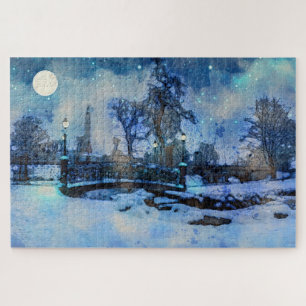 Het schilderen van de winternacht in het stadspark legpuzzel