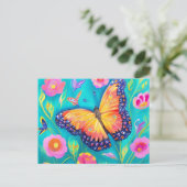 Het schilderen van een vlinder in een bloementveld briefkaart (Staand voorkant)