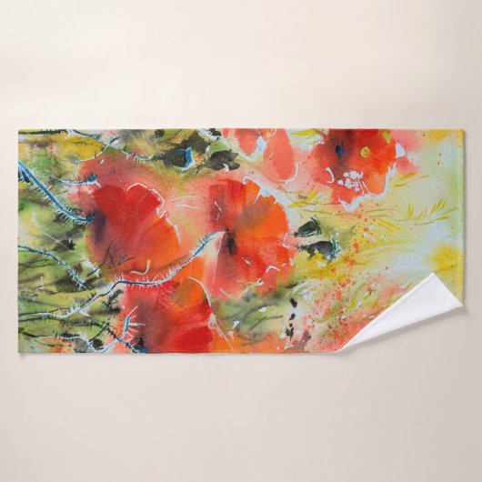 Het schilderen van rode papaverbloemen met waterkl badhanddoek (Badhanddoek)