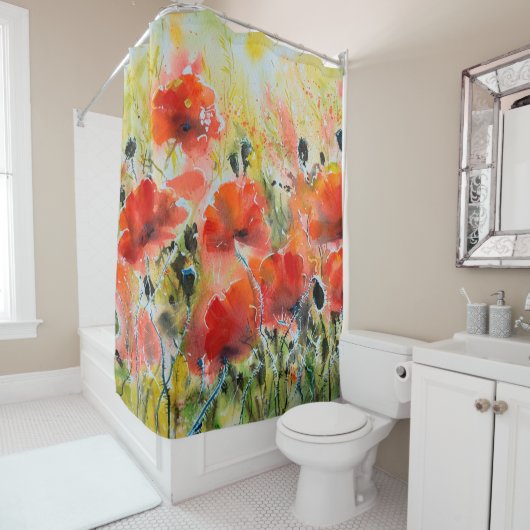 Het schilderen van rode papaverbloemen met waterkl douchegordijn (In situ)