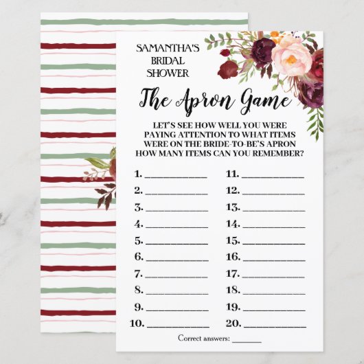 Het Schort Marsala Flowers Vrijgezellenfeest Game (Voorkant / Achterkant)