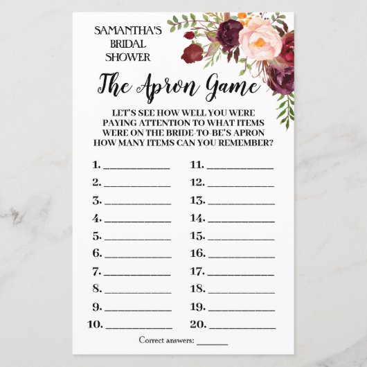 Het Schort Marsala Flowers Vrijgezellenfeest Game (Voorkant)